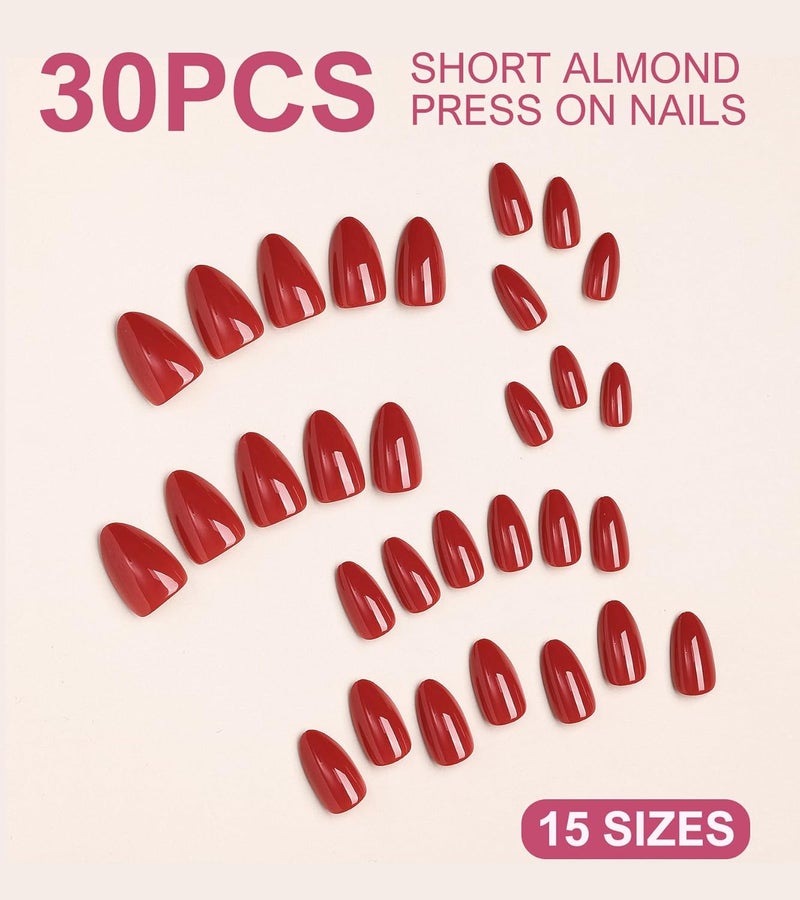 morily Red Press on Nails, 30Pcs Short Almond Fake Nails Glossy Acrylic False Nails Reusable Full Cover Stick on Nails for Women, 15 Sizes, Thicker Fingertips - Image 5